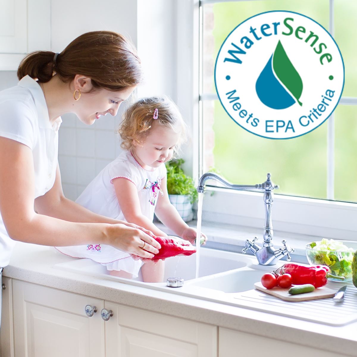 Woman and child washing hands